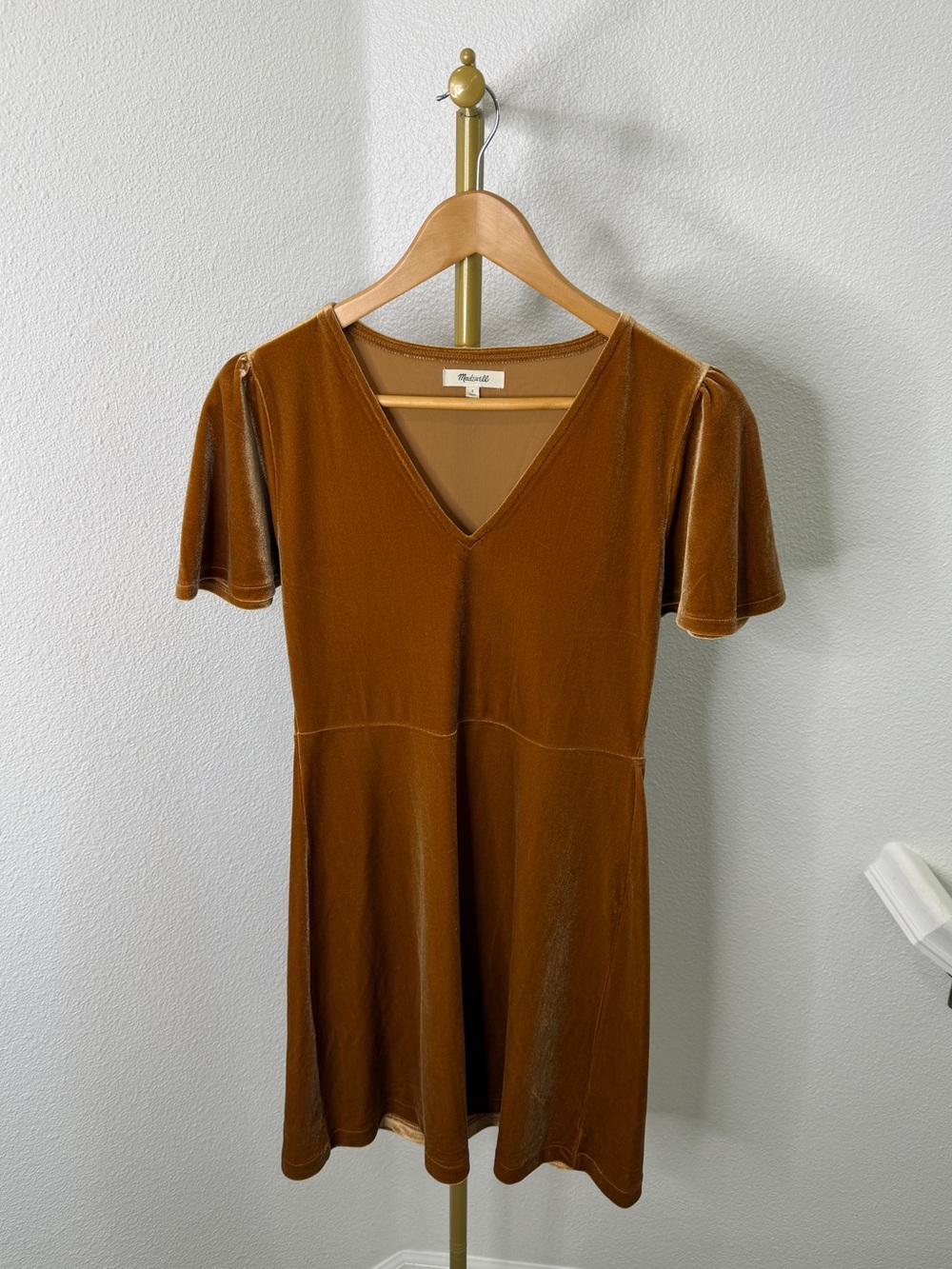 Madewell Golden Pecan Velvet V-Neck Flutter Sleeve Dress Mini Size Small